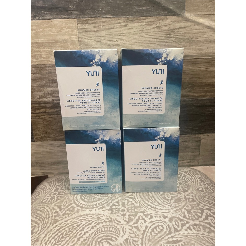 YUNI Shower Sheets Large Body Wipes Peppermint Citrus 12 Count 4 Pack 48 Total
